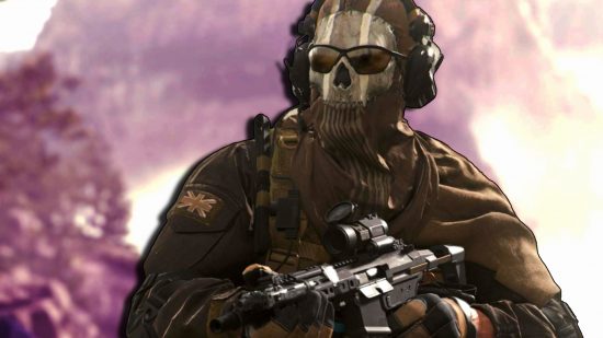 Call of Duty Modern Warfare 3 characters: Simon 'Ghost' Riley walking with a firearm at the ready. The background is blurred and tinted pink.
