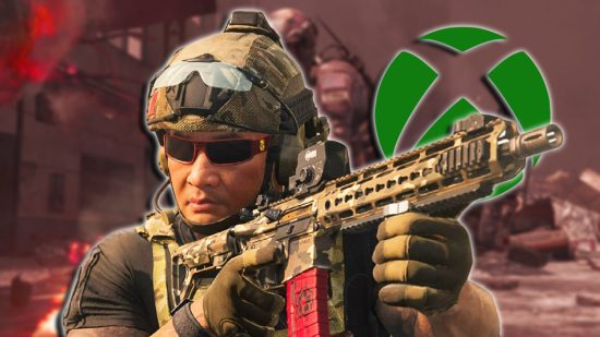 Modern Warfare 3 Game Pass: A soldier holding their weapon up to their face, while looking the other way. An Xbox logo is hidden behind him, placed on a blurred, red-tinted image of gameplay.