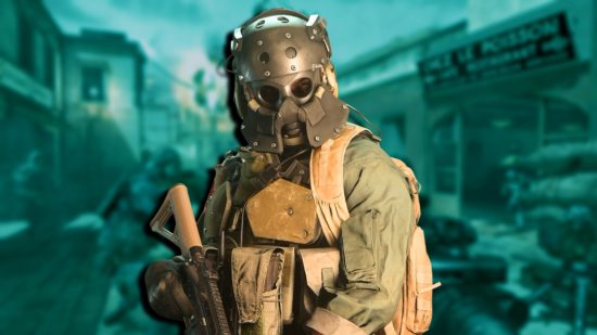 MW3 multiplayer: A soldier wearing armor and a metal helmet with a face mask. In the background is a blurred image of gameplay tinted blue.