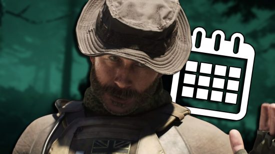MW3 release date: Captain Price looking at the camera and gesturing. A calendar icon is tucked behind his shoulder.