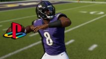 Madden 24 PS4 to PS5 upgrade: A player with their arm back, ready to throw the ball. There is a PlayStation logo on top of the ball.