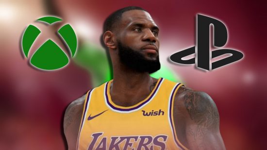 NBA 2K24 crossplay: Lebron James at the centre. The Xbox logo and PlayStation logo are above either shoulder.