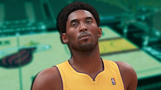 NBA 2K24 Game Pass: Kobe Bryant looking upwards slightly, on a blurred basketball court tinted green,