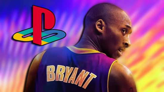 NBA 2K24 PS4 to PS5 upgrade: Kobe Bryant looking over his shoulder to the right. A PlayStation logo is over his left shoulder.