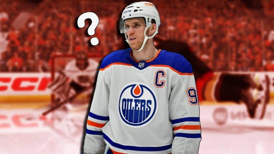 NHL 24 cover athlete: Connor McDavid standing with his arms down, set against a blurred background of gameplay tinted red.