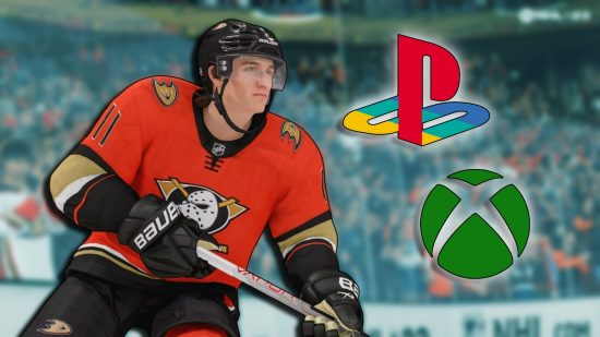NHL 24 crossplay: Trevor Zegras looking to the right with his stick pointing down. An Xbox and PlayStation logo feature on the right side of the image.