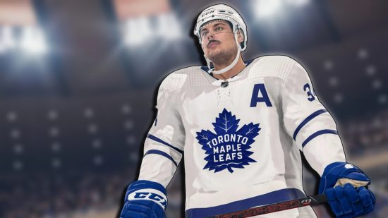 NHL 24 early access: Auston Matthews holding his stick down across his waist.