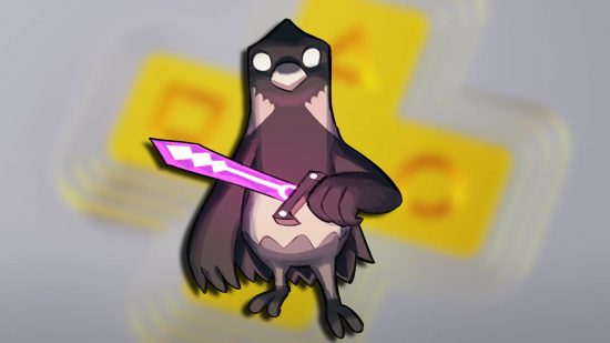 PS Plus August 2023 games: The bird from Death's Door holding a glowing sword. In the background is a blurred image of the PS Plus promotional art.