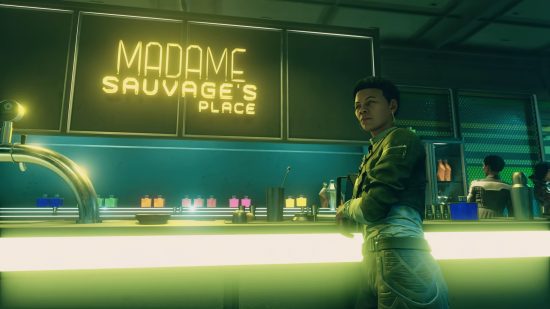Starfield crew members: A crew member leaning against a bar inside a spaceport.