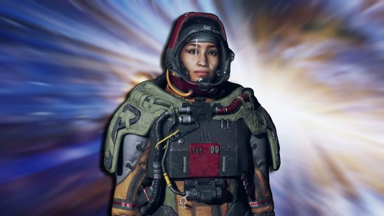 Starfield armor: A feminine character wearing a bulky spacesuit against a background of space travel from the game.