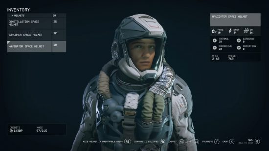 Starfield armor: A character wearing a spacesuit helmet in the inventory screen.