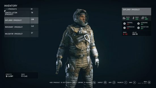 Starfield armor: A showcase of different armor sets worn by a character in the inventory screen.