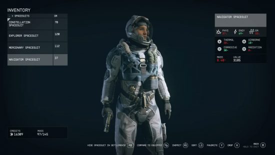 Starfield armor: An image of the inventory screen, showcasing the variety of Starfield armor stats.
