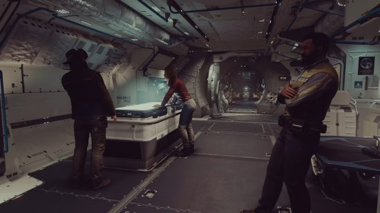 Starfield ships: Crew members gathered around a table inside the player's spaceship.