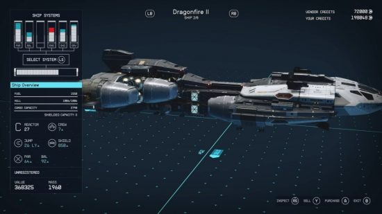 Starfield ships: The Dragonfire II ship in the customization screen.