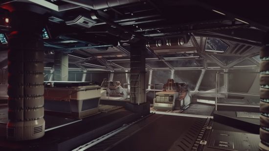 Starfield ships: The interior of a ship, showcasing a large, open room.