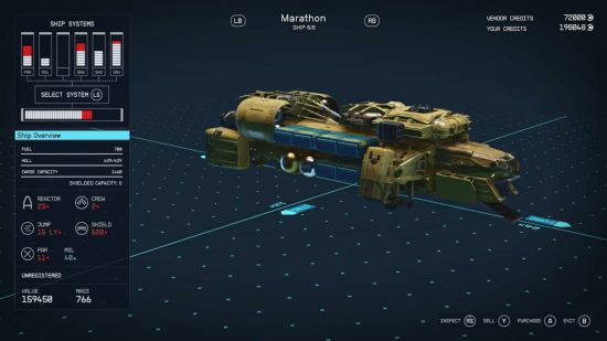 Starfield ships: The Marathon ship in the customization screen.
