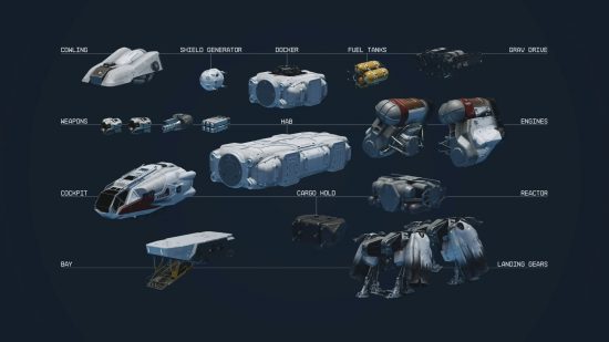 Starfield ship modules: A diagram showing all the available ship modules for customization on the Frontier ship.
