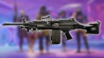 XDefiant M249 loadout: The M249 build set against a blurred background of characters from the game.