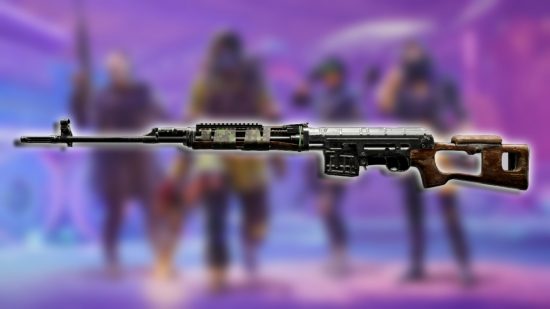 XDefiant SVD loadout: The SVD build against a backdrop of blurred characters from Ubisoft's free-to-play shooter.