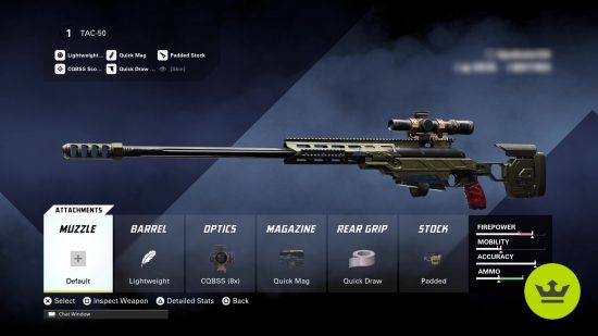XDefiant TAC 50 loadout: The TAC 50 build in the weapon customization screen.