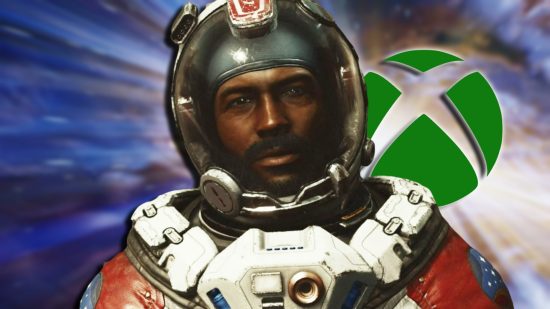 Xbox Game Pass September 2023 games: A character from Starfield wearing a spacesuit, looking directly at the camera. A space background and Xbox logo are behind him.