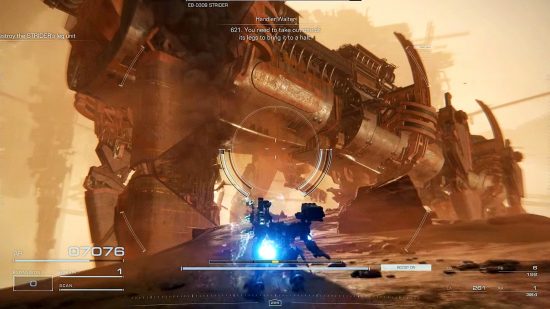 Armored Core 6 boss battles gameplay: an image of a mech shooting at a giant robot in a desert