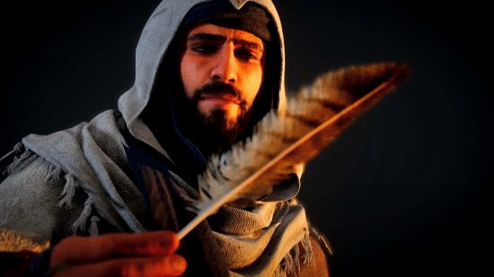 Assassin's Creed Mirage DLC: Basim looking at a feather in the PS5 Xbox game