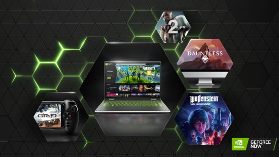 Best cloud gaming services: GeForce Now. Image shows the GeForce Now logo and various devices playing a number of different games.