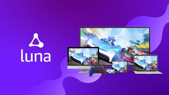 Best cloud gaming services: Amazon Luna. Image shows the company logo, along with an image of a Sonic game running on multiple devices.