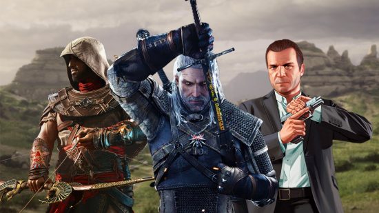 Best open world games: a grassy mountainous backdrop with three characters imposed on top: The Witcher's Geralt unsheathing a sword, GTA 5's Michael cocking a pistol, and Assassin's Creed's Bayek holding an ornamental bow