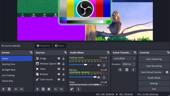 Best streaming software: OBS Studio. Image shows the various options available when using the software.