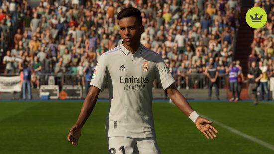EA FC 24 beta: Real Madrid's Rodygo with has hands wide to his side