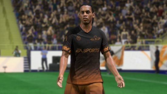 FC 24 Icons: Ronaldinho with his arms out by his side, wearing a black and brown kit