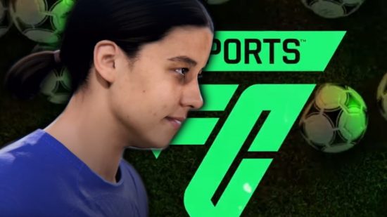 FC 24 Leagues: Chelsea's Sam Kerr looking to the side, with a green EA FC logo and footballs in the background