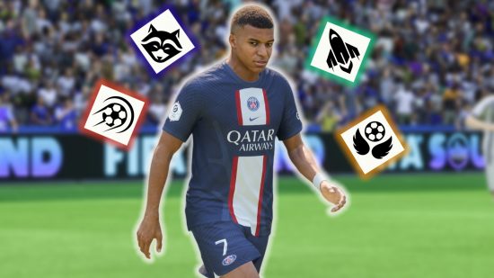 FC 24 playstyles: Kylian Mbappe in a blue PSG kit surrounded by four floating icons of various PlayStyles