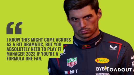 F1 Manager 2023 pull quote: an image of a quote with Max Verstappen