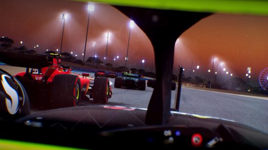 F1 Manager 2023 review: an image of a race in Helmet cam mode frrom Hamilton's car