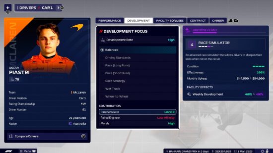 F1 Manager 2023 Review: an image of Oscar Piastri's driver training