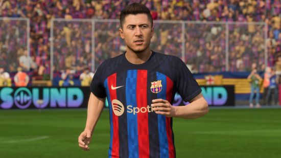 FC 24 playstyles: Robert Lewandowski jogging in a black, blue, and red Barcelona kit