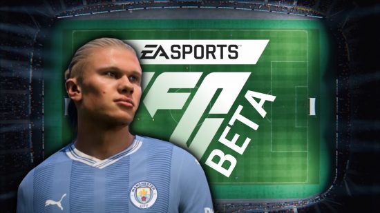 FC 24 beta: Erling Haaland looking to the side, with a birdseye view of a football pitch behind him. The EA FC logo is imposed onto the pitch