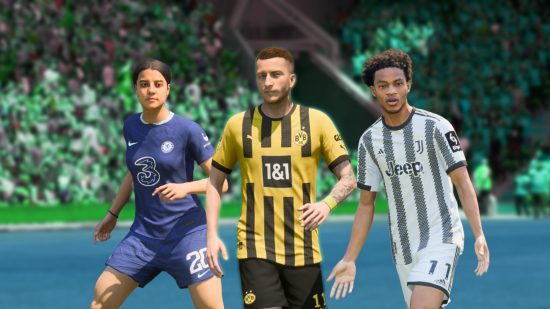FC 24 changes: In-game FIFA 23 screenshots of Marco Reus, Sam Kerr, and Juan Cuadrado set against a blurred football stadium backdrop with a blue and green hue
