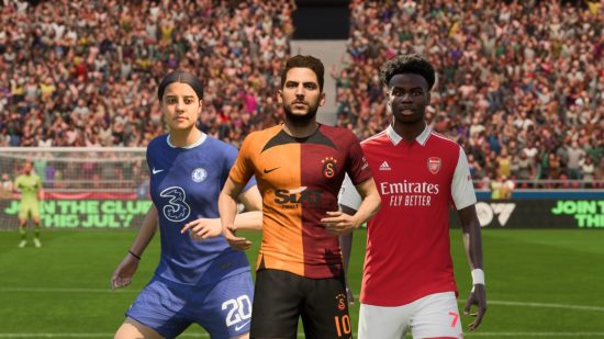 FC 24 leagues: Sam Kerr in a blue Chelsea kit, Dries Mertens in an orange and crimson Galatasaray kit, and Bukayo Saka in a red Arsenal kit