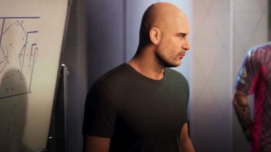 FC 24 Manager Career: Pep Guardiola in a black t shirt, standing next to a tactics board