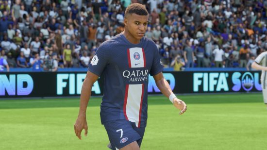 FC 24 changes: Kylian Mbappe in the blue, red and white kit of PSG with a displeased expression