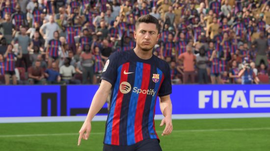 FC 24 new features: A screenshot of Robert Lewandowski in the black, blue, and red striped kit of Barcelona