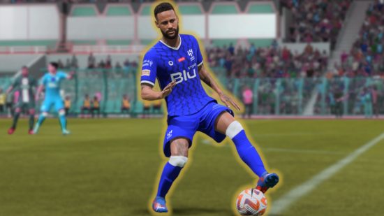 FC 24 new skill moves: Neymar controlling a football while wearing the dark blue kit of Al Hilal