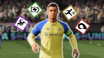 FC 24 PlayStyles: Cristiano Ronaldo in a yellow Al Nassr kit, surrounded by the icons of four different PlayStyles