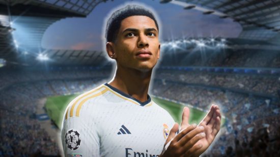 FC 24 release date: Jude Bellingham in a white Real madrid kit clapping his hands, with a blurred backdrop of a football stadium behind him