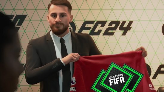 FC 24 FIFA Points transfer: A player in a black suit holds up a red kit to pose for a photo as a new signing - the red shirt has the FIFA Points logo imposed on top of it